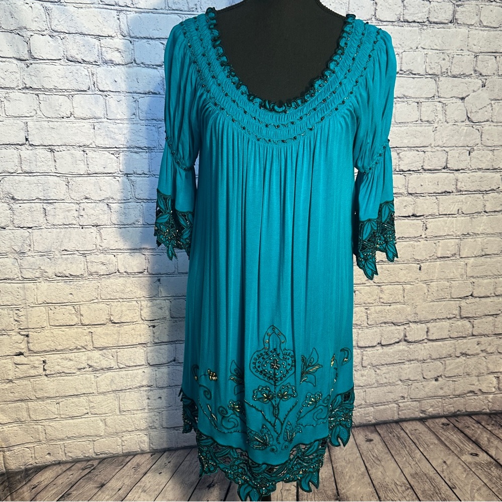 Urban Mango XL Teal Blue Embroidered & Beaded Top